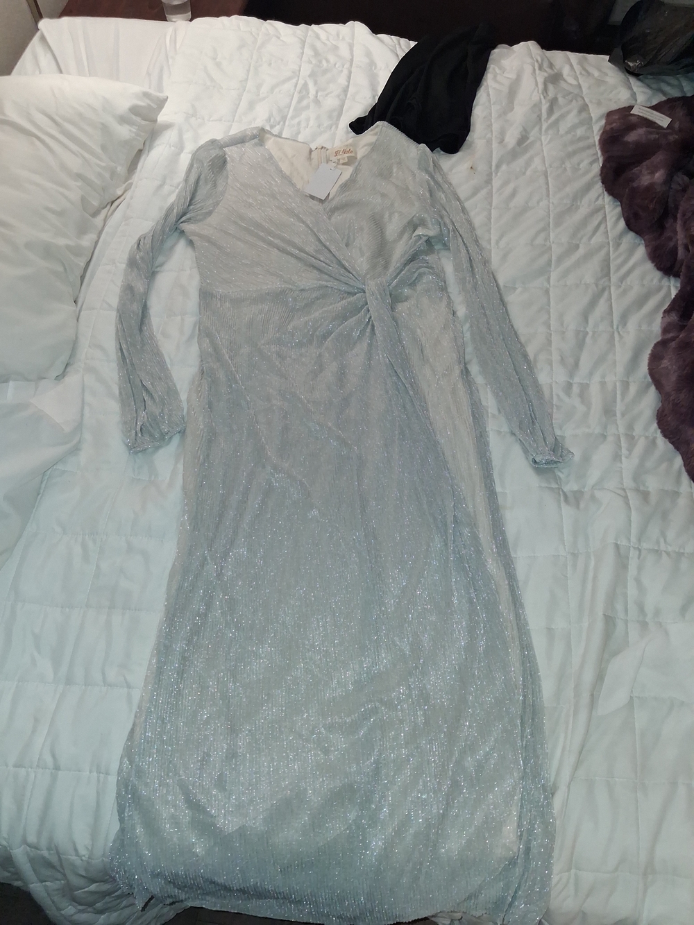 Listicle Silver-Blue Shimmer Twist-Front Long Sleeve Dress
